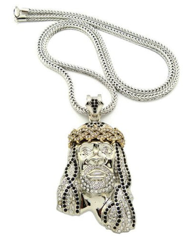 Crown of Thorns Jesus Paved Pendant 36" Franco Chain Necklace - Black/Clear Silver-Tone MP449R-BKCR