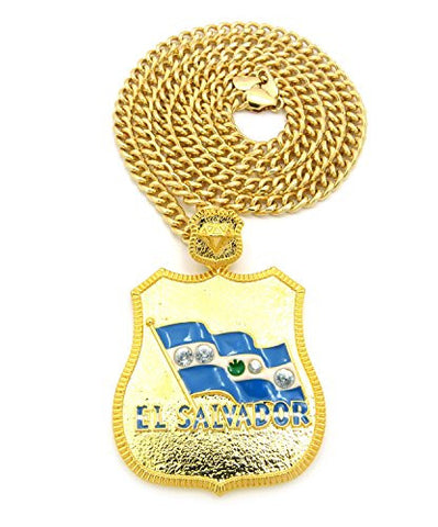 El Salvador Flag Badge Pendant with 6mm 36" Cuban Link Chain Necklace in Gold-Tone OP140G