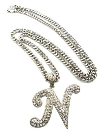 Initial 'N' Silver Tone Rhinestone Pendant w/ 6mm 36" Cuban Link Chain RC100RN