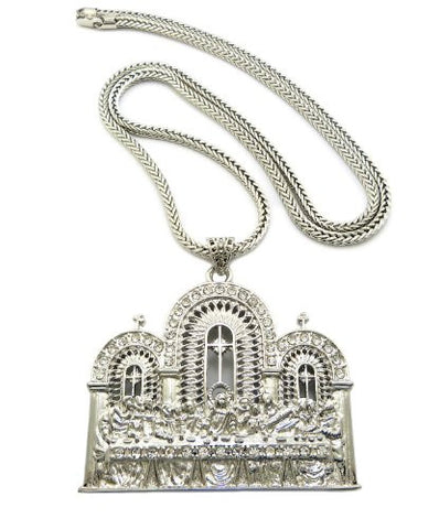 Silver Tone The Last Supper Pendant Necklace w/ 4mm 36" Franco Chain RC87R