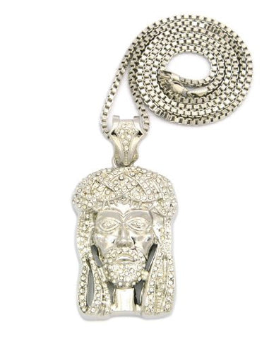 Iced Out Jesus Pendant in Silver Tone w/ 3mm 30" Box Chain RC225R