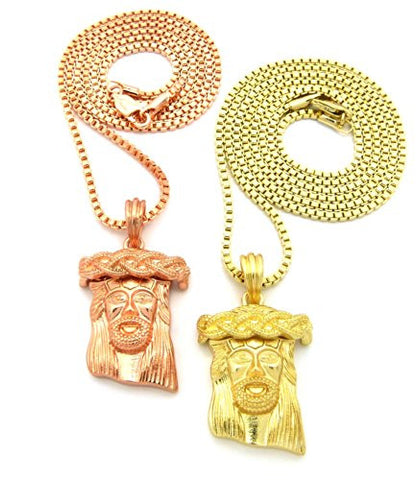 Jesus Solid Two Tone Gold Micro Pendant Set w/ Varying Box Chains RC295