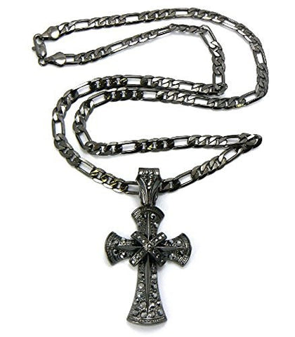 Hematite Tone Star Sign Cross Pendant 5mm 24" Figaro Chain Necklace
