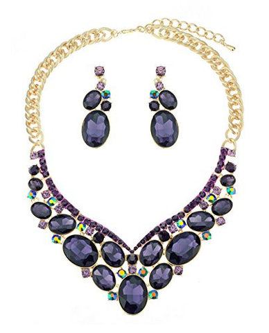 Oval Cut Purple Stone Pave Necklace and Earrings Jewelry Set in Gold-Tone
