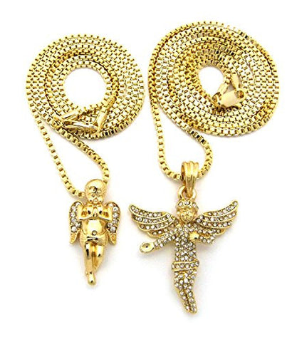 Pave Praying Cherub, Iced Out Big Wing Angel Micro Pendant Set with 24" 30" Box Chains - Gold-Tone