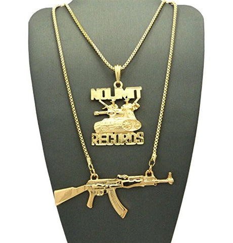 Solid No Limit Records Tank & Rifle Pendant Set 2mm 24" & 30" Box Chain Necklaces in Gold-Tone