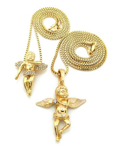 Gold Tone Cherub Angel Micro Pendant 2 Piece Multi Size Set B w/ 30" Box Chain