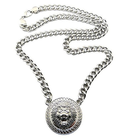 Roaring Lion Egyptian Medal Pendant with 30" Cuban Link Chain Necklace in Silver-Tone XC245R