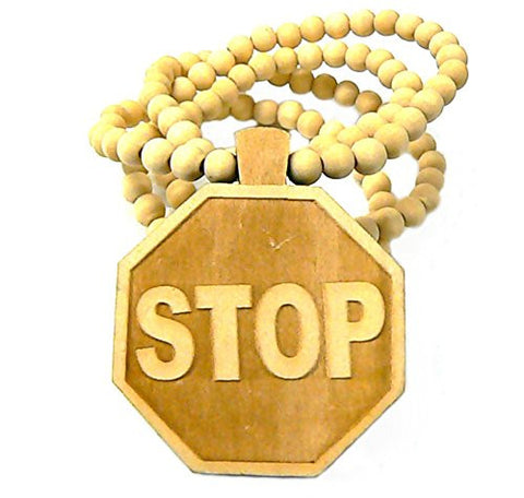 STOP Sign Wood Pendant 8mm 36" Wooden Bead Chain Necklace in Natural-Tone