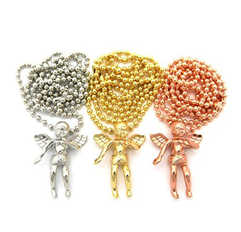 Fairy Angel Trio Micro Pendant Necklace Set with 24" Ball Chains - Silver/Gold/Rose Gold-Tone