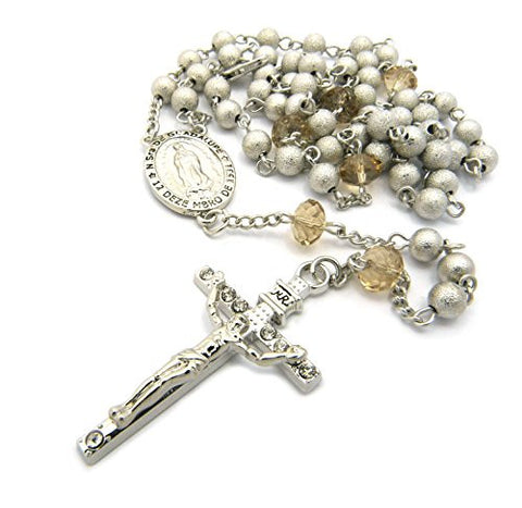 St. Mary and Jesus Cross 6mm 30" Metallic Bead Chain Rosary Necklace in Silver-Tone