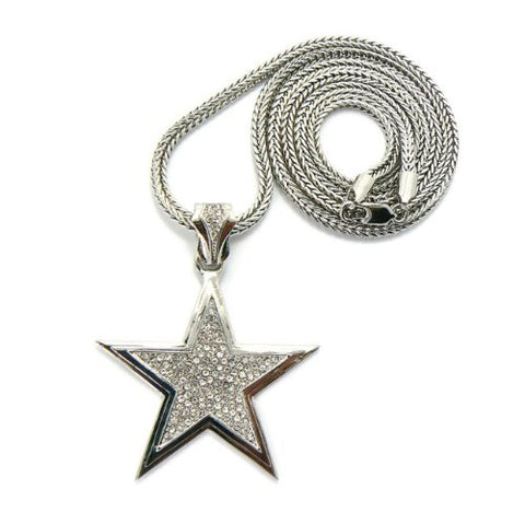 Iced Out Star Shape Pendant in Silver Tone w/ 4mm 36" Franco Chain GAP1R