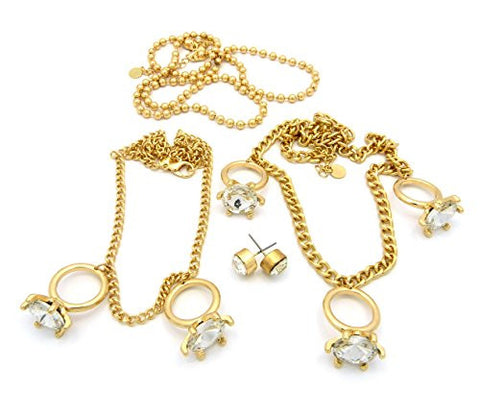 Rhinestone Ring Charm 3 Piece Necklace Set with Stud Earrings in Clear/Gold-Tone JS1050GDCLR