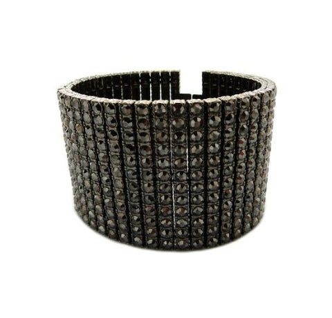 Iced Out 12 Row Rhinestone Bracelet 8.25" with Metal Clasp - Hematite-Tone