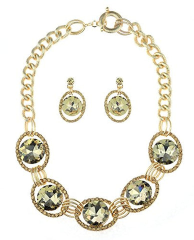 Encircled Round Cut Brown Stone Necklace and Earrings Jewelry Set in Gold-Tone