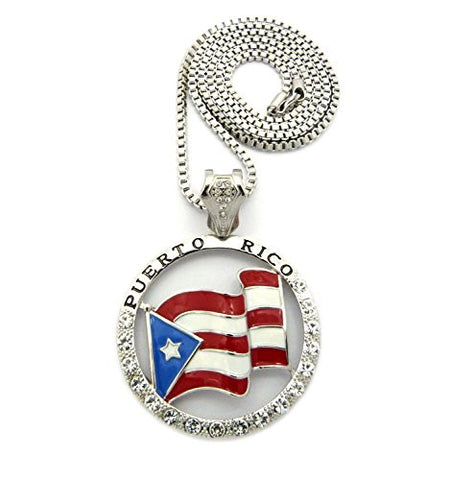 Puerto Rico Flag Hollow Round Stone Studded Pendant 3mm 30" Box Chain in Silver-Tone