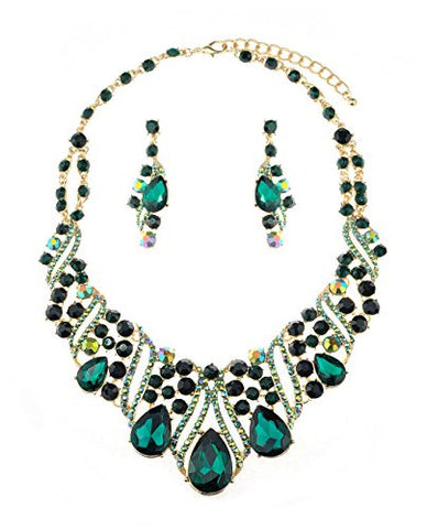 Elegant Teardrop Accent Dark Green Stone Necklace and Earrings Jewelry Set in Gold-Tone