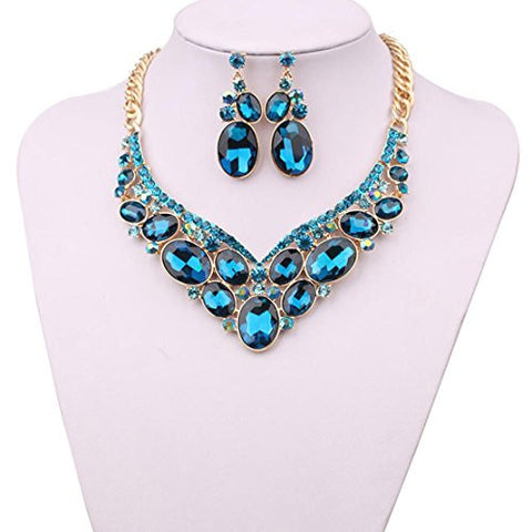 Oval Cut Blue Stone Pave Necklace and Earrings Jewelry Set in Gold-Tone