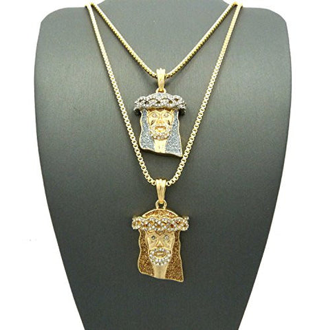 Two-Tone Pave Jesus Glimmer Micro Pendant Set 24" 30" Box Chain Necklace Set