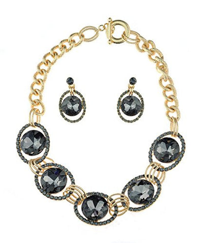 Encircled Round Cut Black Stone Necklace and Earrings Jewelry Set in Gold-Tone