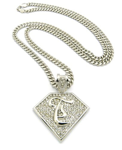 Initial T Iced Out Rapper Pendant w/ 36" Mami Cuban Chain - Silver Tone XP938RMC