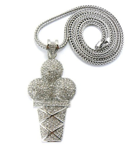 Iced Out Ice Cream Cone Silver Tone Pendant w/ 4mm 36" Franco Chain MP685R