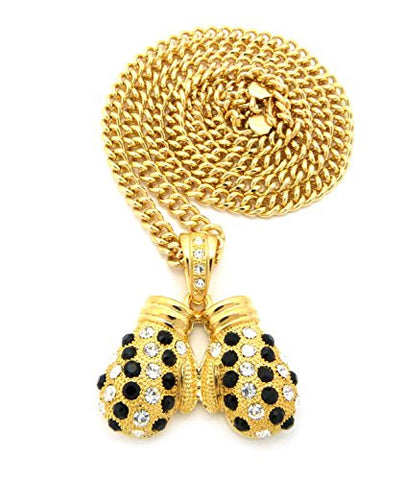Rhinestone Studded Boxing Gloves Pendant 6mm 36" Cuban Link Chain Necklace - Black/Gold-Tone