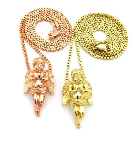 Praying Cherub Angel Duo Micro Pendant Set w/ Box Chains - Two Tone Gold RC285