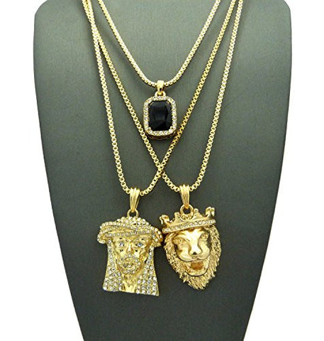 Faux Onyx Stone, Jesus Head & King Lion Pendant Set w/ Multi Length Box Chains in Gold-Tone