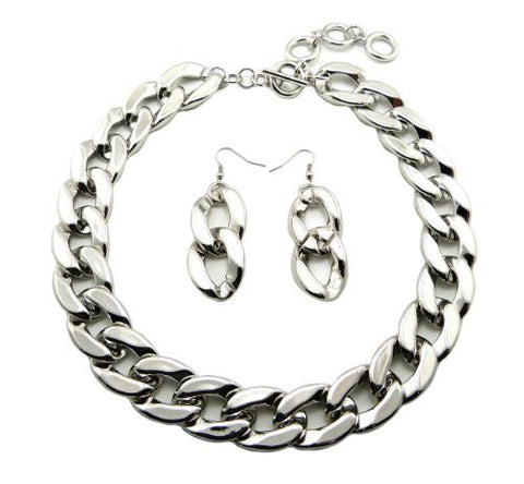 Lightweight Polished 20mm 18" Curb Chain Toggle Necklace and Earrings in Silver-Tone
