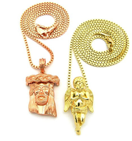 Jesus Cherub Angel Solid Micro Pendants w/ Box Chains - Two Tone Gold RC294