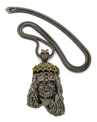 Crown of Thorns Jesus Paved Pendant 36" Franco Chain Necklace - Hematite/Yellow-Tone MP449HE-HEYL