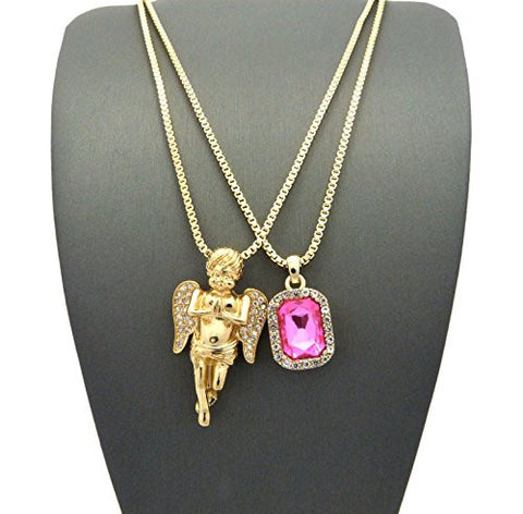 Pave Praying Angel & Pink Stone Pendant w/ 2mm 24" Box Chain Necklace in Gold-Tone