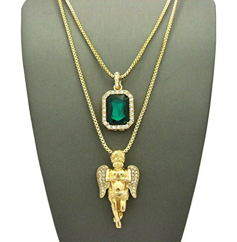 Stone Stud Praying Angel & Faux Emerald Stone Pendant Set 2mm 24" & 30" Box Chain in Gold-Tone