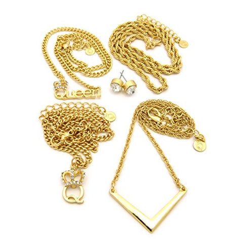 Queen & Crown Charm 4 Piece Assorted Chain Necklace with Rhinestone Stud Earrings in Gold-Tone