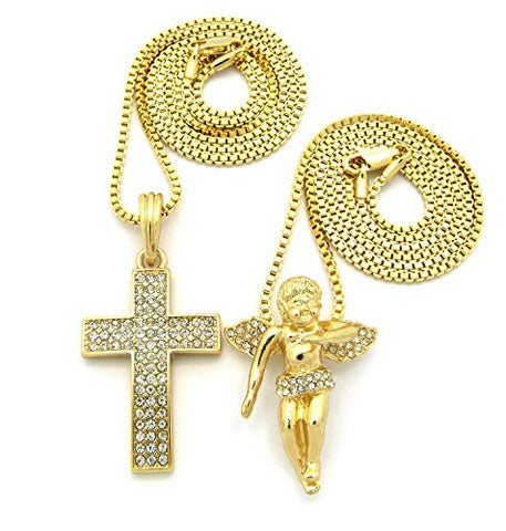 3 Row Pave Cross & Float Cherub Pendant Set with 24" 30" Box Chain Necklaces