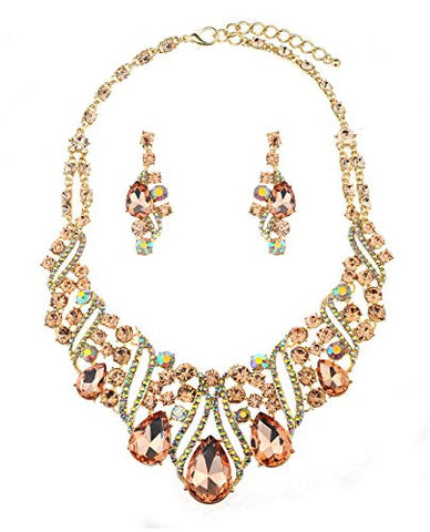 Elegant Teardrop Accent Light Brown Stone Necklace and Earrings Jewelry Set in Gold-Tone
