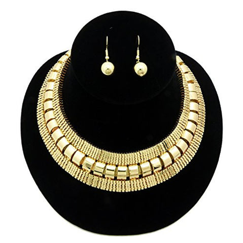 Women's Bohemian Style 3 Layer Choker Necklace and Dangling Ball Earring Set in Gold-Tone