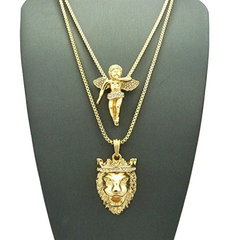 Stone Stud Crown King Lion & Floating Angel Pendant Set 2mm 24" & 30" Box Chains in Gold-Tone