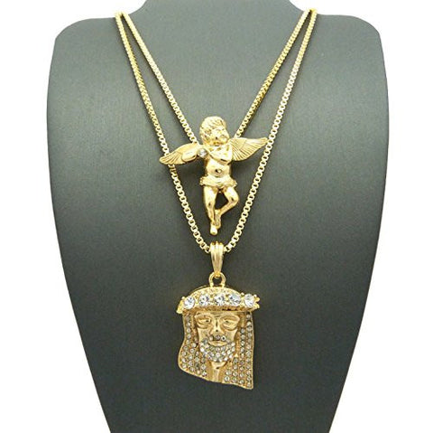 Solitaire Angel & 3D Stone Crown Jesus Pendant Set 2mm 24" & 30" Box Chains in Gold-Tone
