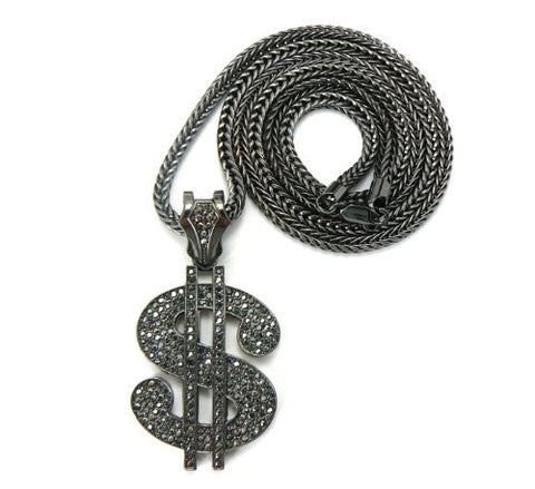 Hematite Tone Iced Out Dollar Sign Pendant w/ 4mm 36" Franco Chain MP431HE