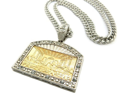 The Last Supper Gold/Silver Color Rhinestone Pendant Necklace w/ 6mm 36" Cuban Link Chain OP111T