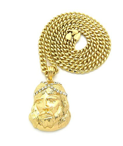 Rhinestone Crown Jesus Pendant 24" Cuban Chain Necklace - Gold-Tone MMP61GCC