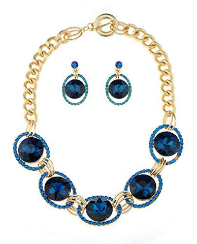 Encircled Round Cut Blue Stone Necklace and Earrings Jewelry Set in Gold-Tone