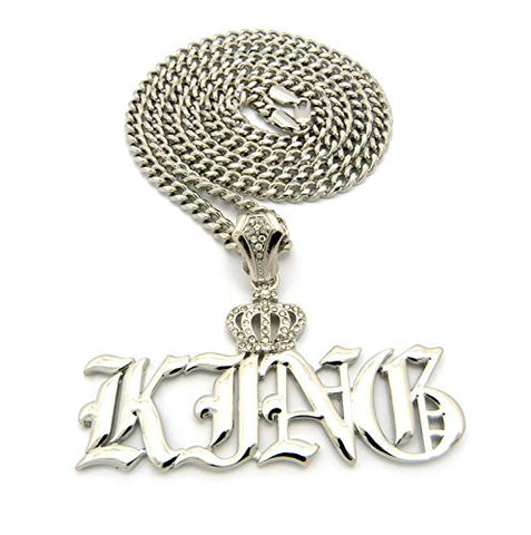 KING Pendant with Iced Out Crown 6mm 36" Cuban Link Chain Necklace in Silver-Tone