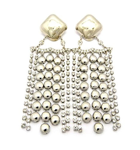 Wide Rhinestone Ball Chain Drop Earrings in Silver-Tone