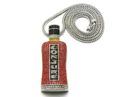 Iced Out Conjure Liquor Bottle Pendant in Silver Tone w/ 36" Franco Chain MHP1R