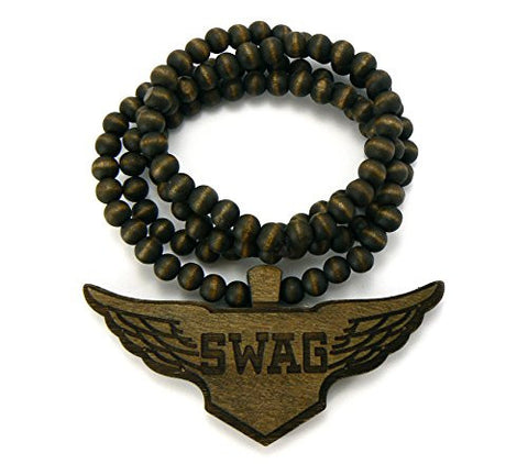 SWAG Wing Wood Pendant 8mm 36" Wooden Bead Chain Necklace in Brown