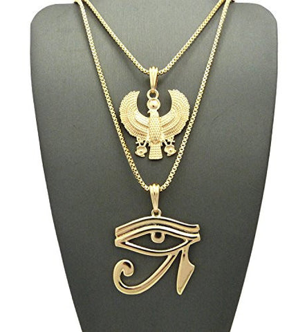 Polished Horus Falcon & Eye Of Horus Pendant Set 2mm 24" & 30" Box Chain Necklace in Gold-Tone