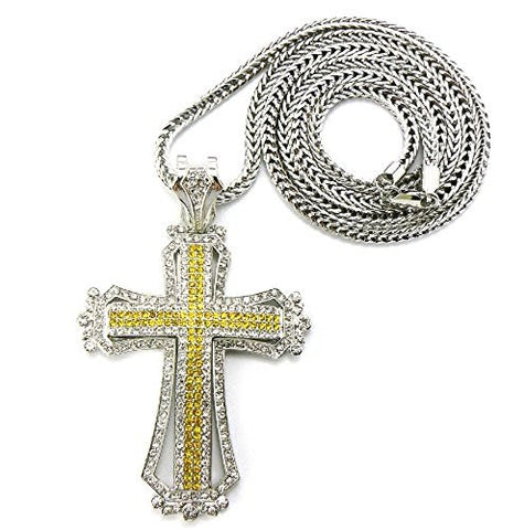 Silver/Yellow Tone Paved Medieval Style Cross Pendant w/ 36" Franco Chain